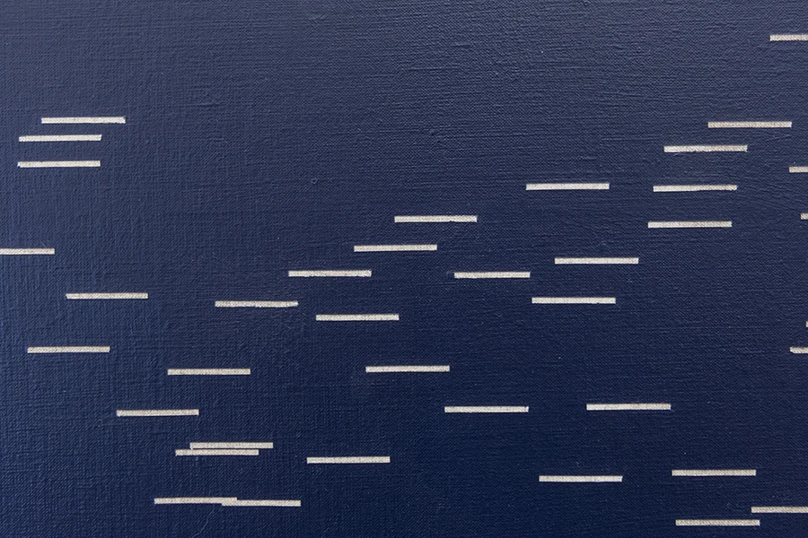 Todos los guiones de Dickinson IV (Poemas 392-530) / All of Dickinson's Hyphens IV (Poems 392-530) , 2016 Acrílico sobre lino / Acrylic on linen 320 x 240 cm Detalle / Detail *De manera atípica para su tiempo, Emily Dickinson utilizaba frecuentemente guiones con los que reemplazaba la puntuación regular. Para la construcción de estas pinturas se utilizaron los guiones de toda su escritura, divididos en seis paneles. La paleta de colores proviene de diferentes ediciones de sus libros / Atypically for her time, Emily Dickinson frequently used hyphens which replaced the regular punctuation. For the construction of these paintings all such hyphens are used based on her writing and they are divided into six panels. The color palette comes from different editions of his books. 