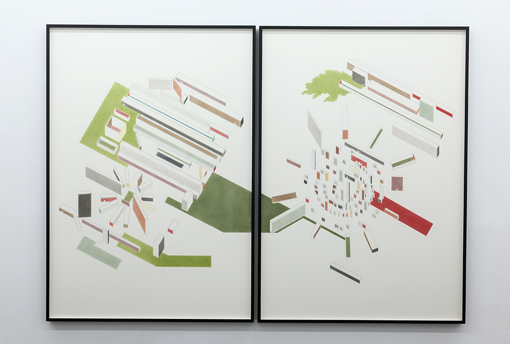    Lettre-ocean (Guillaume Apollinaire) ,&nbsp; 2017  Lápiz y lápiz de color sobre papel / Pencil and coloured pencil on paper  Díptico / Diptych 200 x 139,5 cm (cada uno / each)    