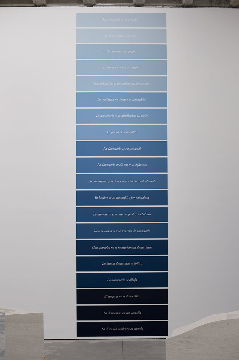   Cosas que aprendí sobre la democracia ( Español) / Things I've Learned About Democracy (Spanish) , 2020  Pintura acrílica sobre muro / Acrylic painting on wall  Medidas variables / Variable measurements 