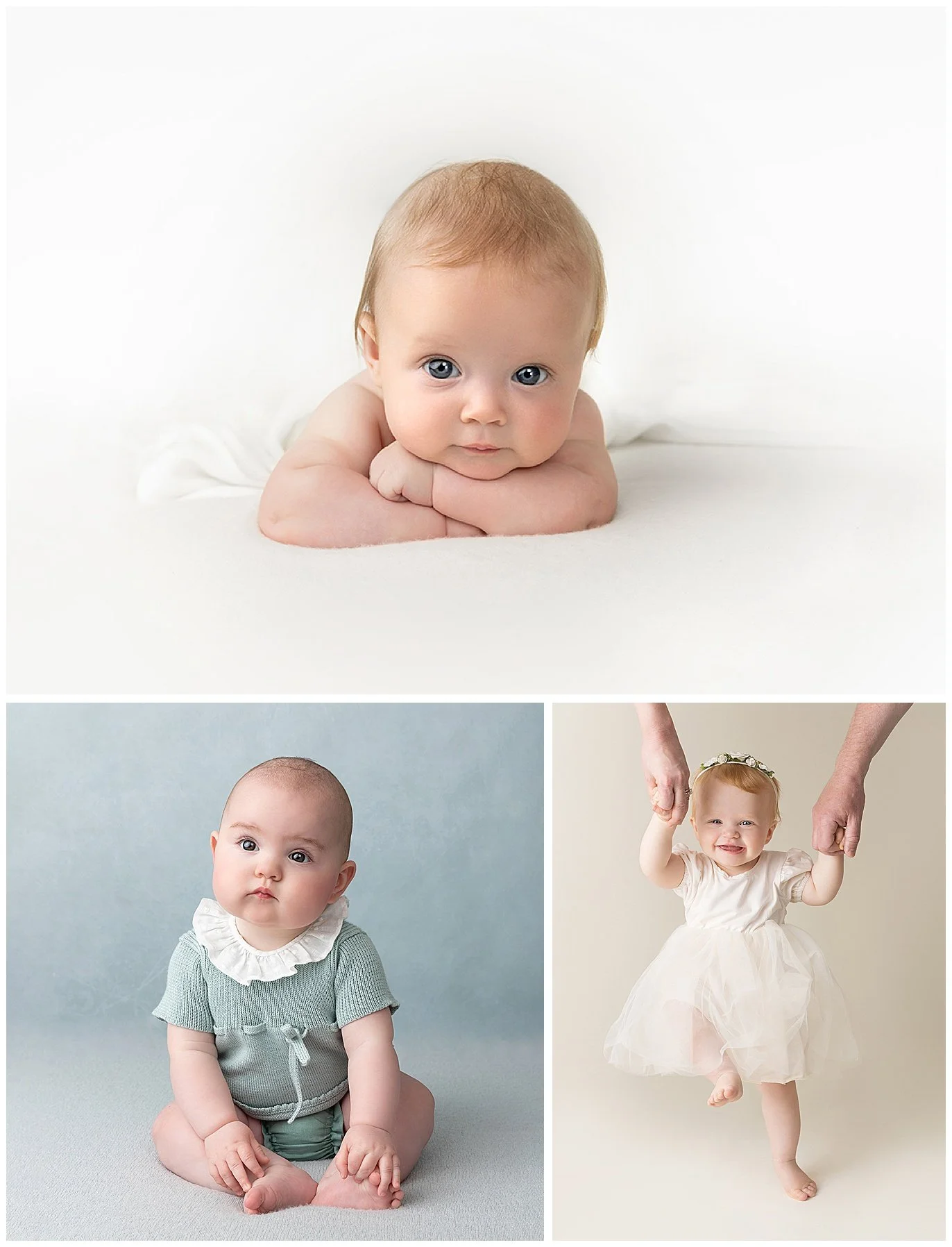 a collage showing a baby at three milestones during the first year