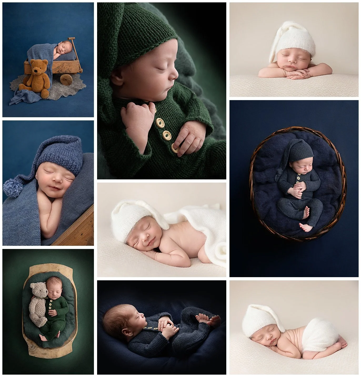 A collage of Newborn Boy Images in Navy Blue, Greens and Ivories