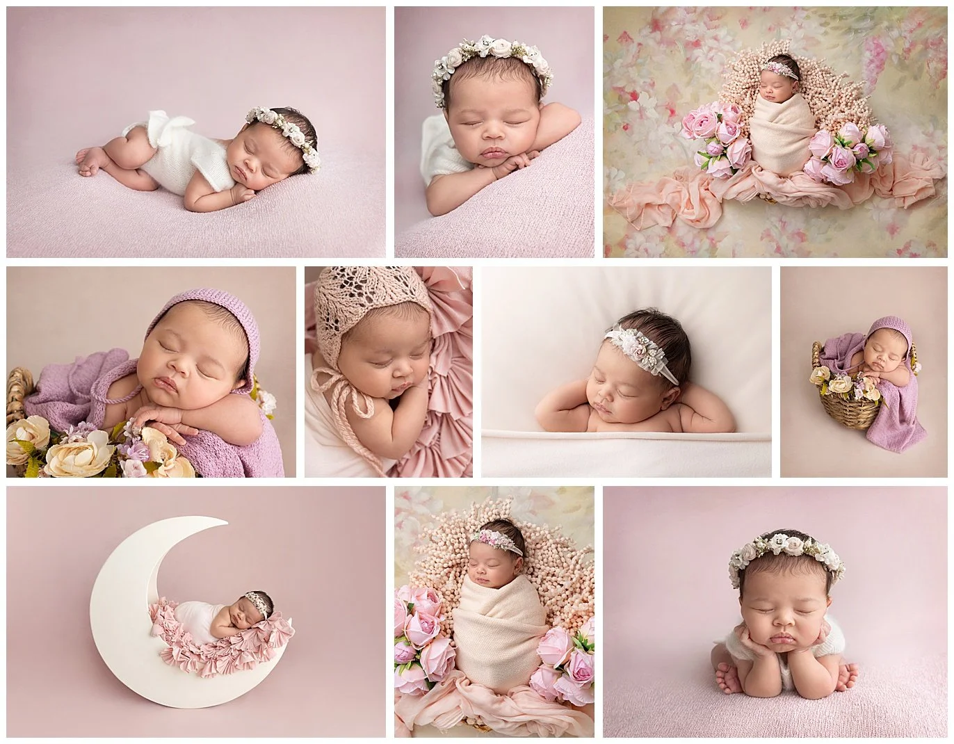 Collage of newborn photos of a baby girl with pink color and flowers