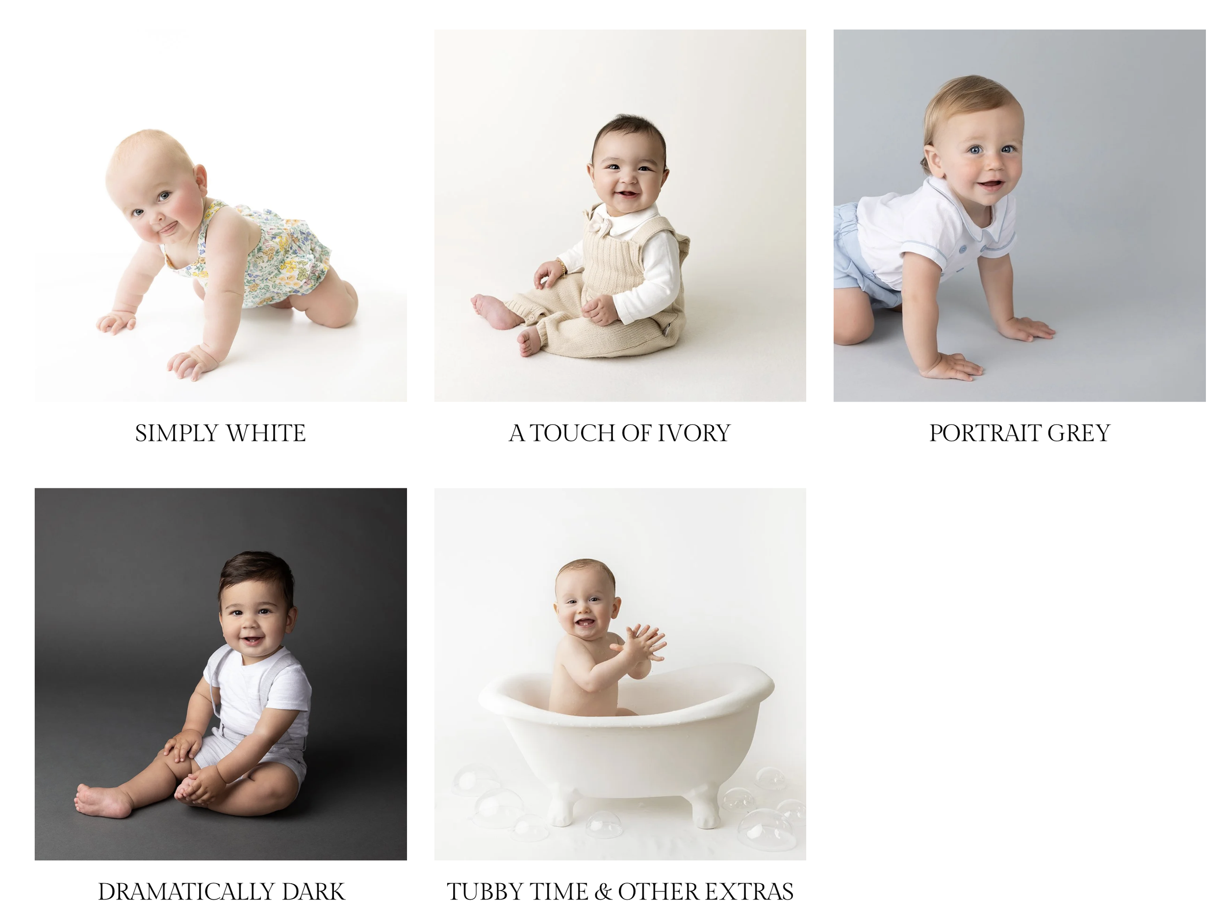 Babies shown on different styles of backdrops