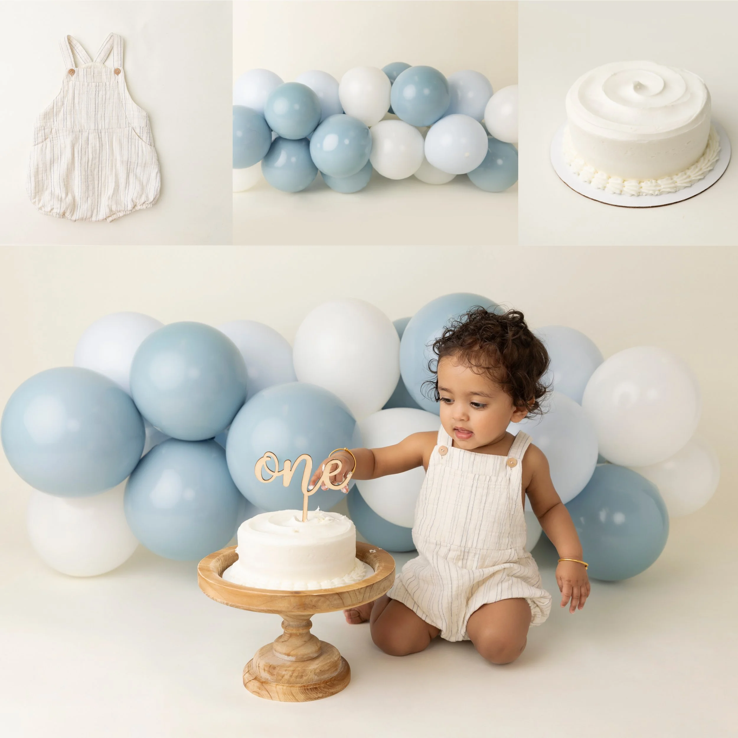 A collage displaying an outfit, balloons, and a cake. Below, theres a larger image of a boy with the outfit on, the balloons behind him, and the cake in front of him.