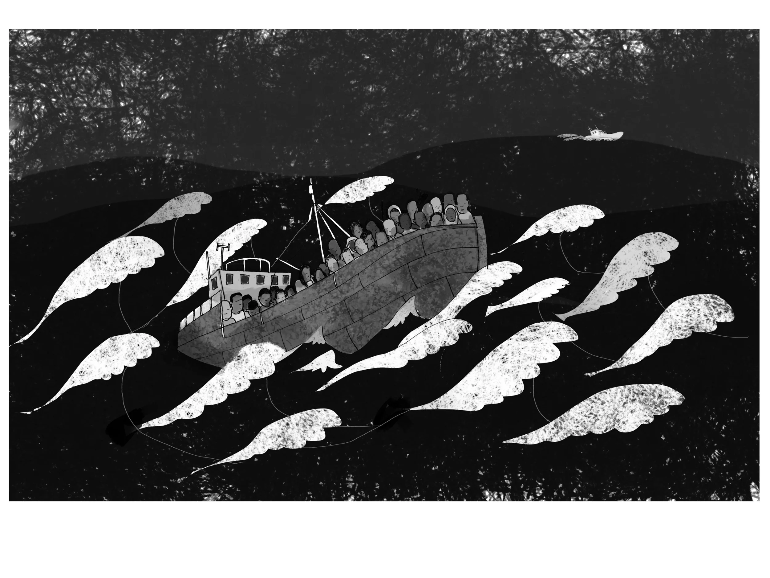 Packed into a rusty old boat, crossing the sea
