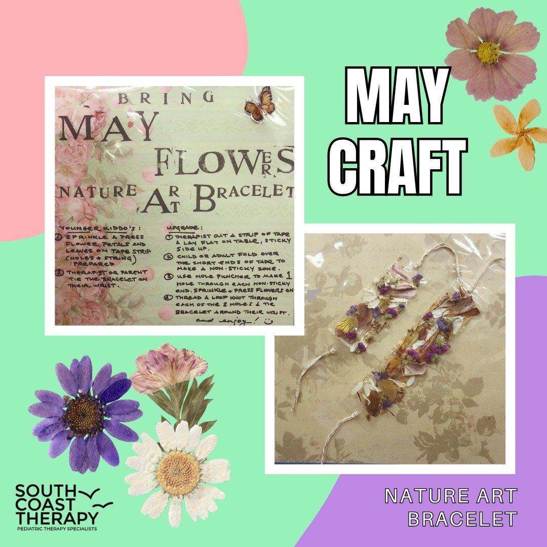 For our May craft of the month we are making Nature Art Bracelets!! Materials: dried flowers, clear packing tape, hole punch, yarn or string. Directions: cut out a strip of tape and lay flat on the table, sticky side up. Fold over the short ends of t
