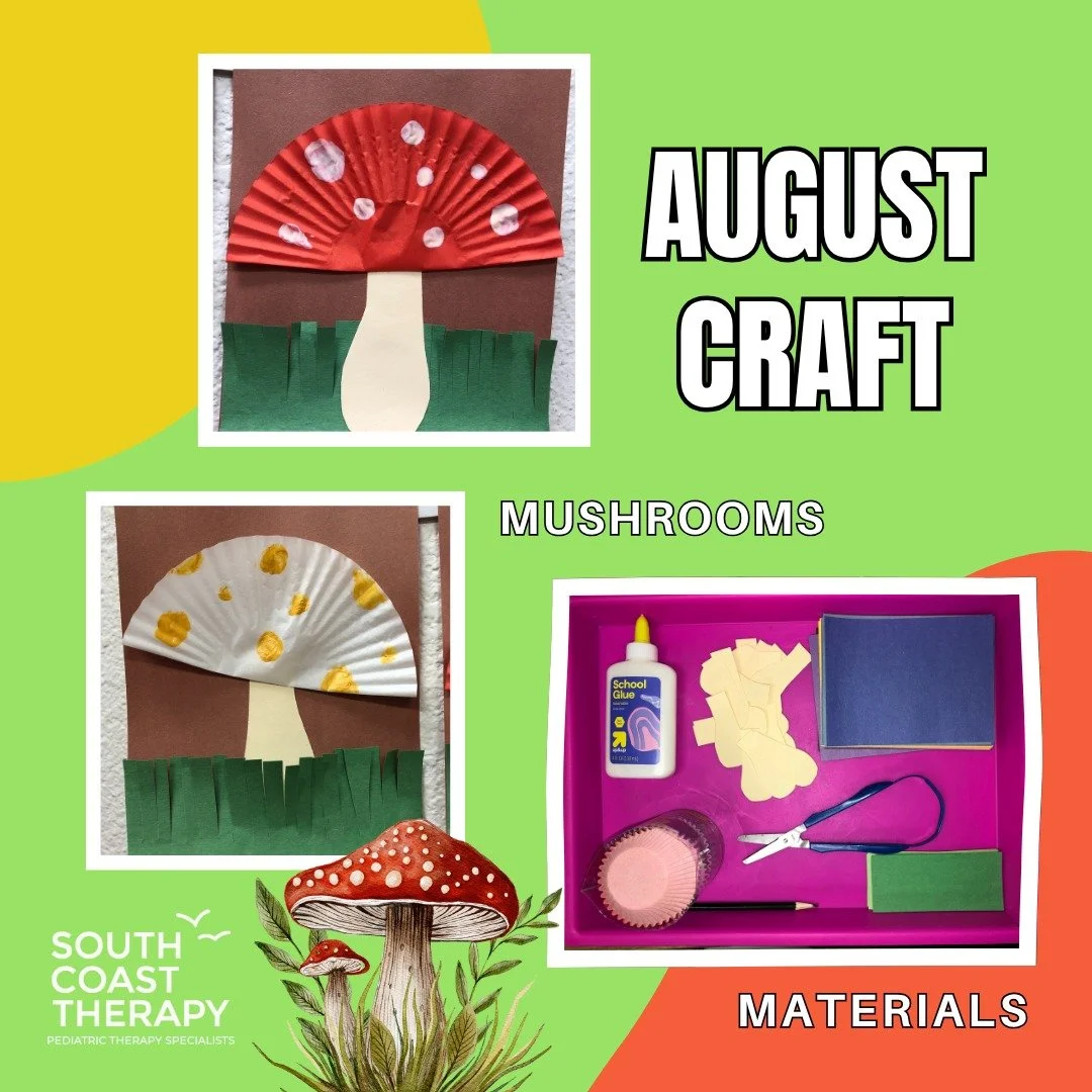 For our August craft of the month, we are making mushrooms! Materials: construction paper, glue, scissors, cupcake liner, cotton swabs, paint. Directions: 1) Cut out a mushroom stem shape. 2) Fold a cupcake liner in half to make the mushroom top. 3)