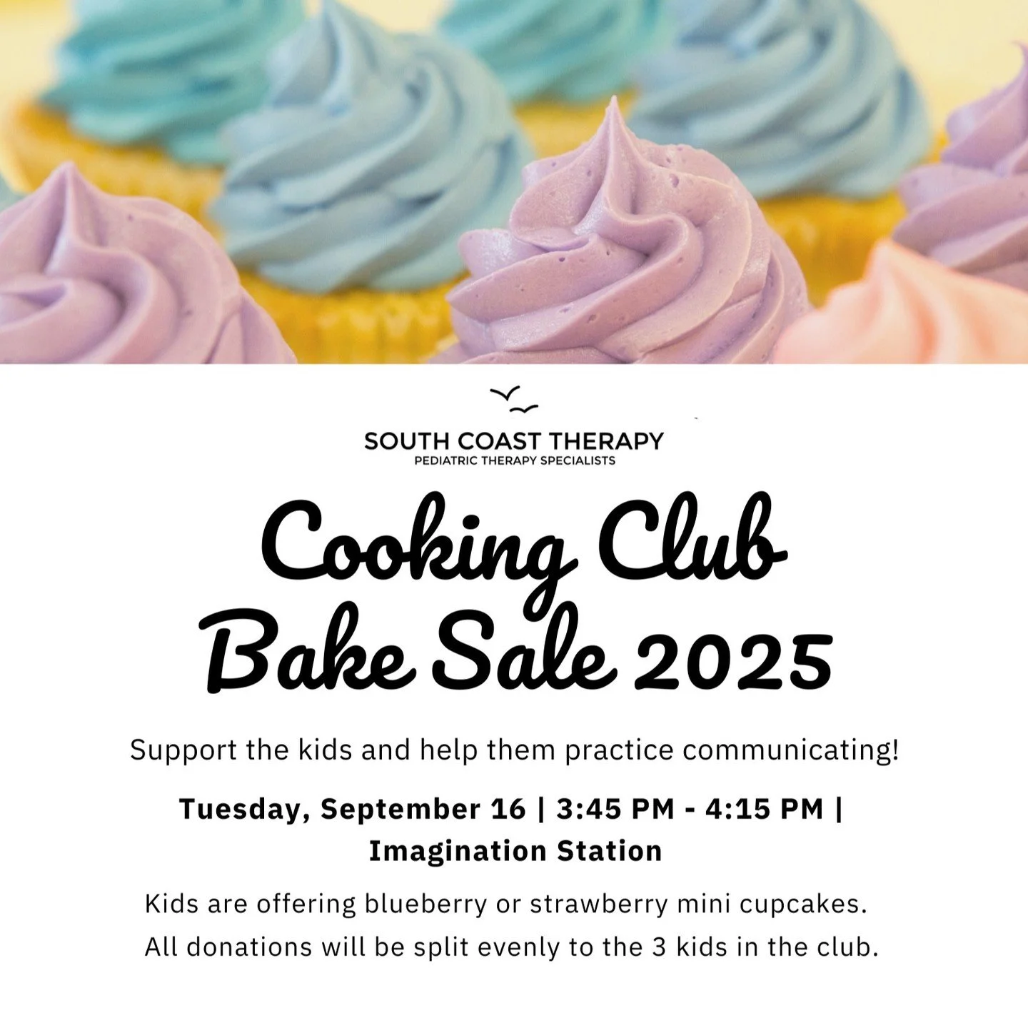 Our cooking club is having a bake sale! Come show your support next week on Tuesday, September 16th from 3:45 to 4:15pm here at SCT in the Imagination Station. There will be blueberry and strawberry mini cupcakes for sale.