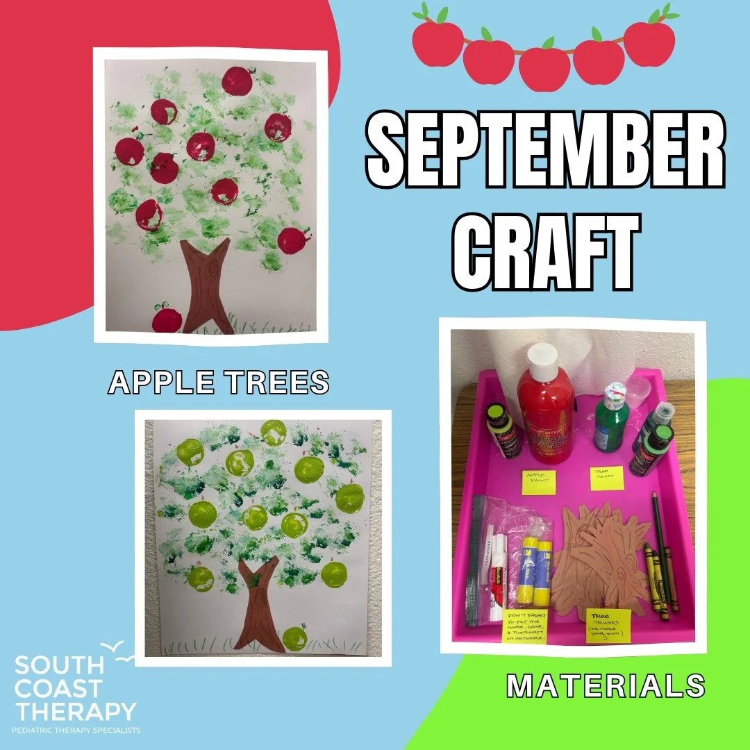 For our September craft of the month, we are making apple trees! Materials: construction paper, glue, paint, cotton ball, cup, and tree trunk template (or make your own). Directions: 1) Glue tree trunk to paper with glue stick. 2) Use cotton ball wit