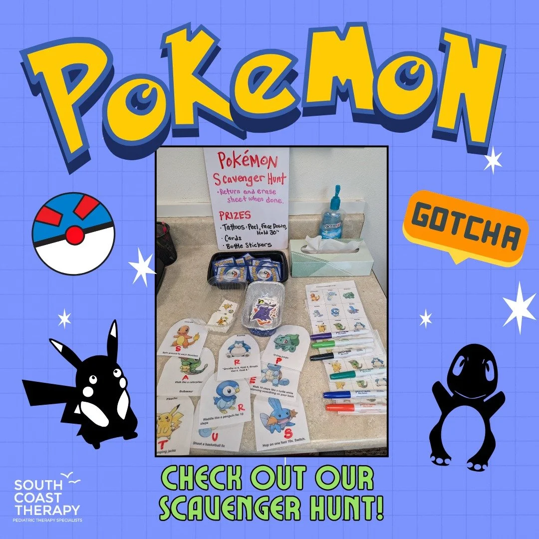 This fall, kids at South Coast Therapy can participate in a Pokémon Scavenger Hunt where they will do Trainer exercises to catch a Pokemon as their prize!