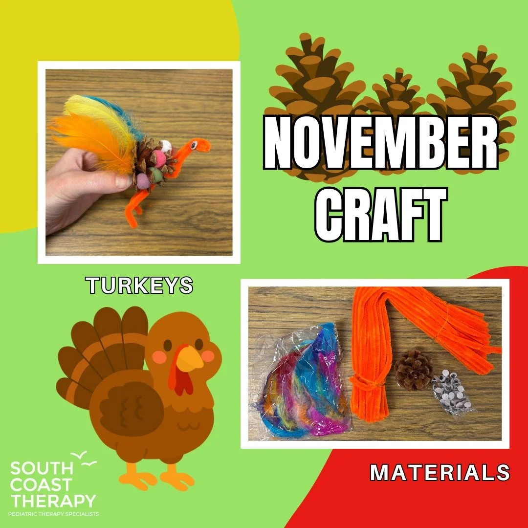 For our November craft of the month, we are making turkeys! Materials: feathers, pine cone, pom poms, pipe cleaner, scissors, and googly eyes. Directions: 1) Stick feathers into backside of turkey (pine cone). 2) Decorate with pom poms. 3) Fold pipe 