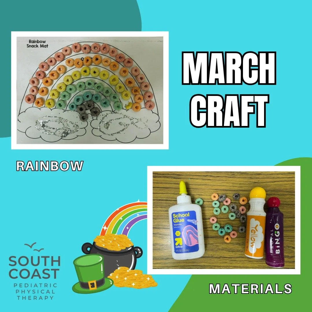 For our March craft of the month we are making rainbows! Materials: rainbow template, fruit loops or similar colorful cereal, glue, dot markers, colored pencils, crayons, etc. Options: 1) Glue the rainbow cereal onto the rainbow template. 2) Use a bi