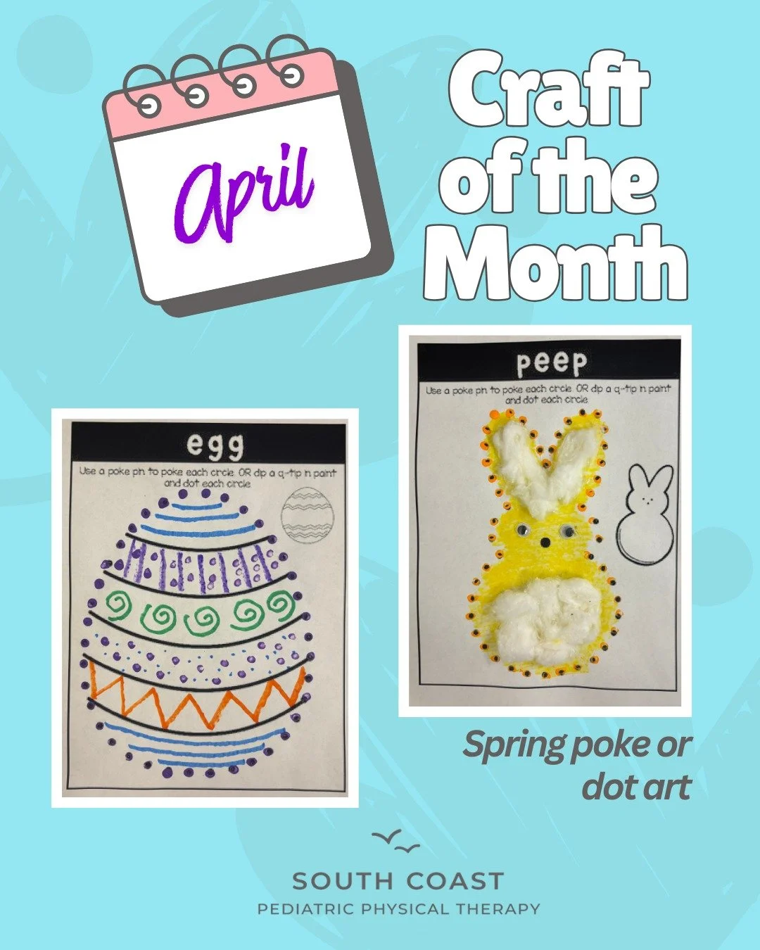 For our April craft of the month we are making Spring Poke or Dot Art! Materials: bunny or egg template, cork board or cardboard, paper clip or pen, cotton balls, cotton swabs, googly eyes, paint, glue, markers, etc. Options: 1) Place your template o