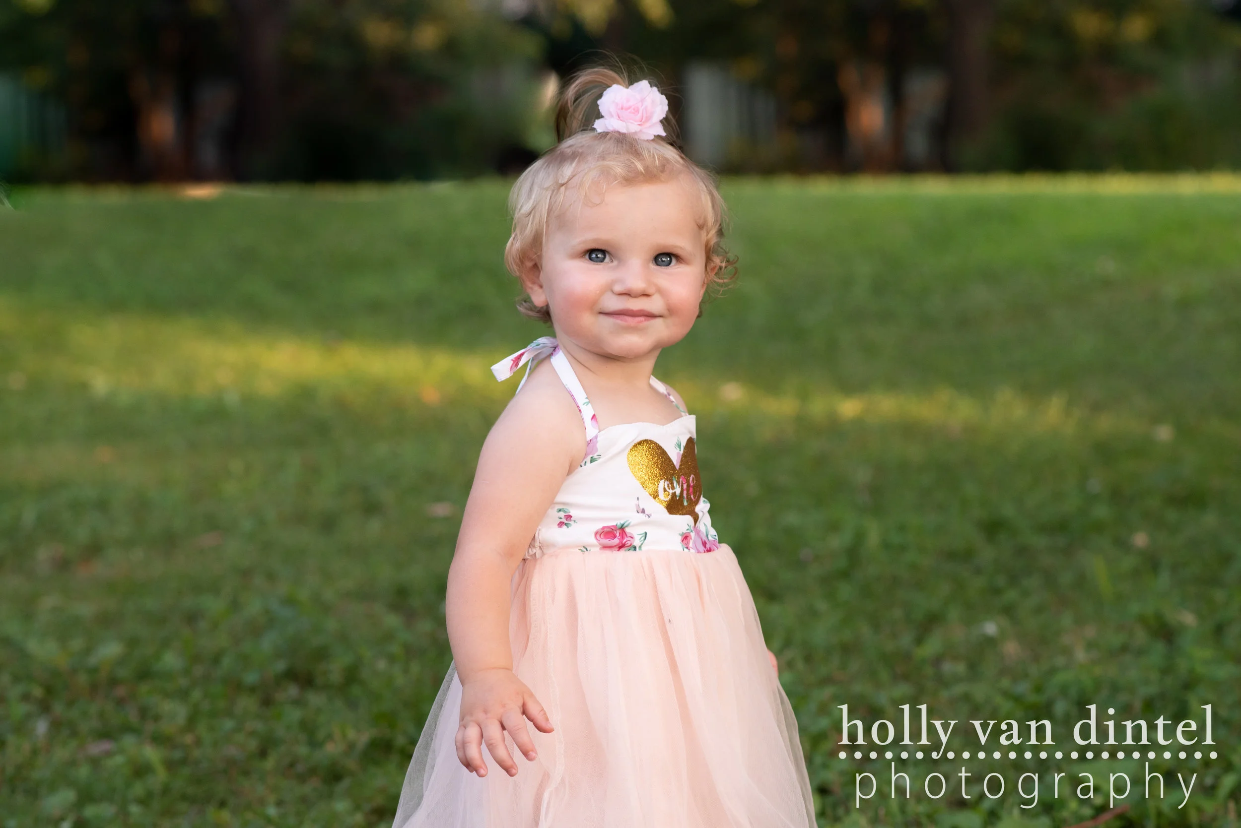 Little girl in pink tutu dress. First birthday pictures.