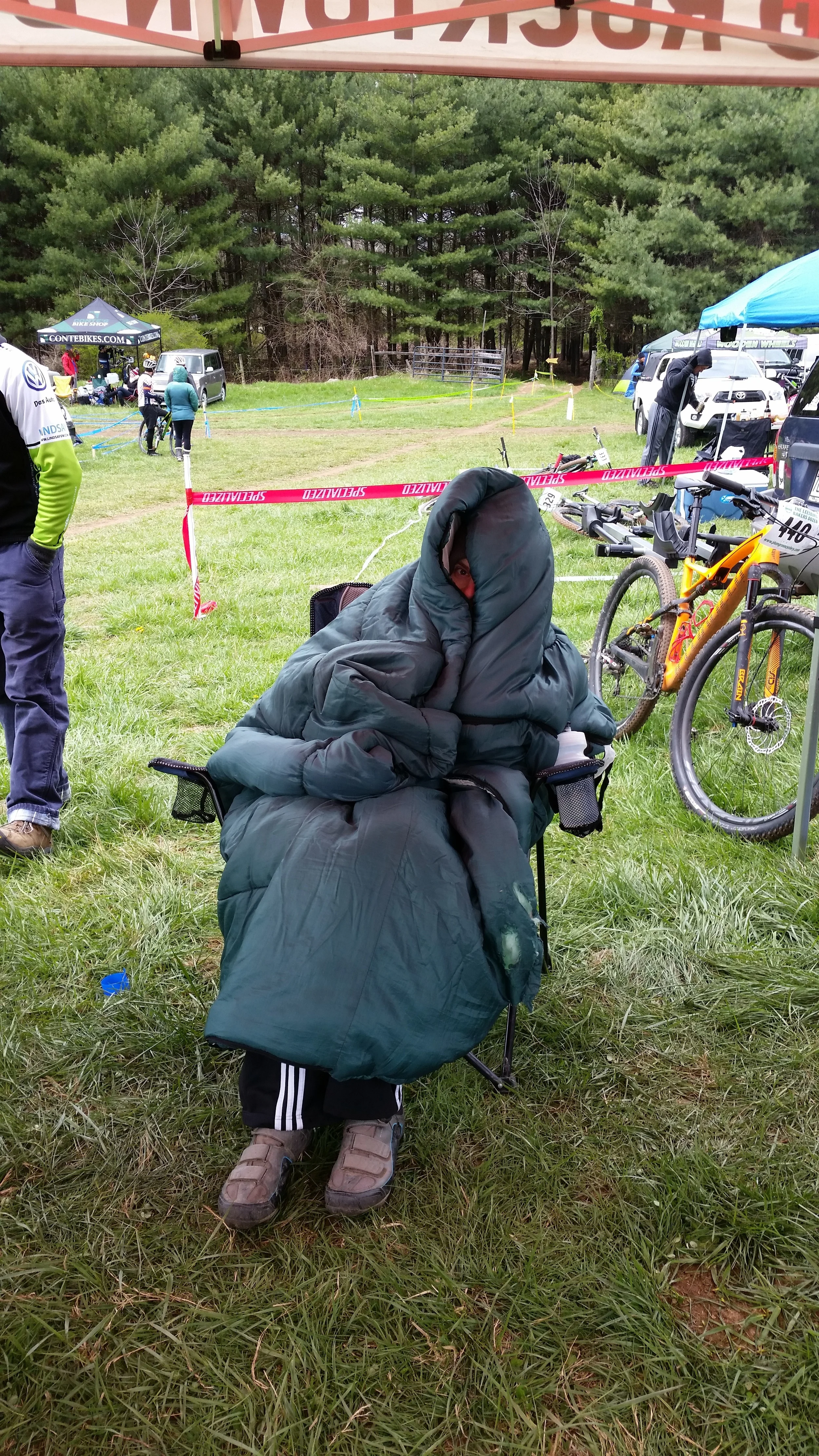 Chris attempting to keep warm.