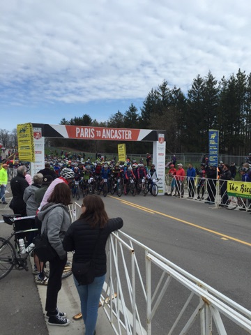 The start of the Elite Wave. Jeremy Powers and Ellen Noble are on the right of the start line.