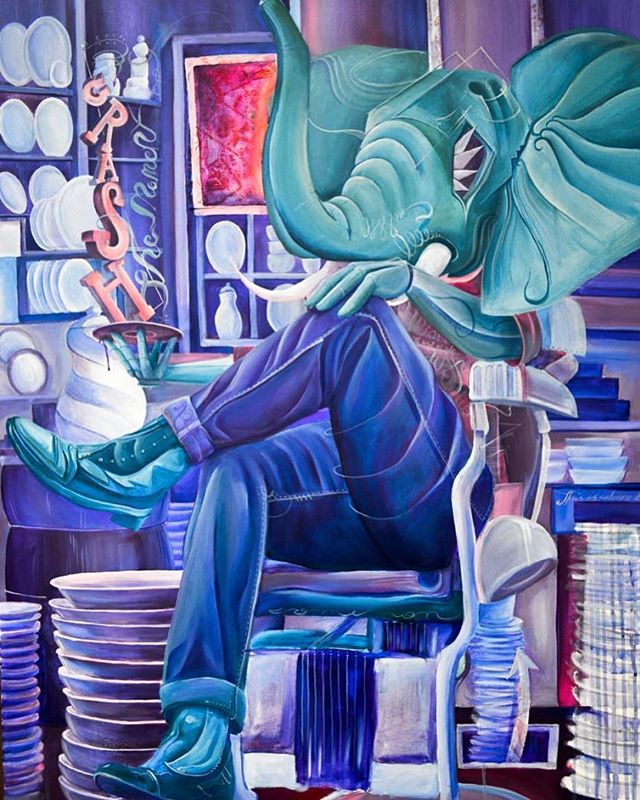 &bdquo;The porcelain seller&ldquo; Acrylic on canvas, 110 x 80 cm, 2015, part of the H&lsquo;Animalism series, #TomLohner #popsurrealism #culture #contemporaryart #newcontemporary #newcontemporaryart #contemporaryartist #painting #contemporarypaintin