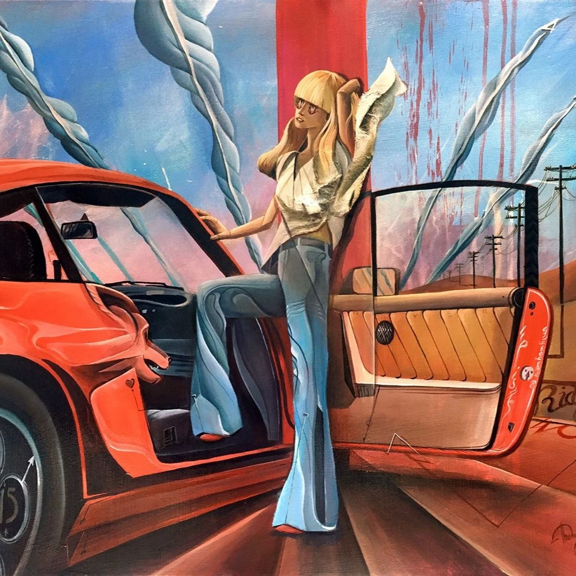 Ride with the Wolf (2019/08) // Acrylic on canvas with silk elements.

A wolf&rsquo;s head rests inside the car. Not as a passenger, but as a presence.
For me, the wolf has always symbolized freedom, instinct, and the courage to walk (or drive) alone