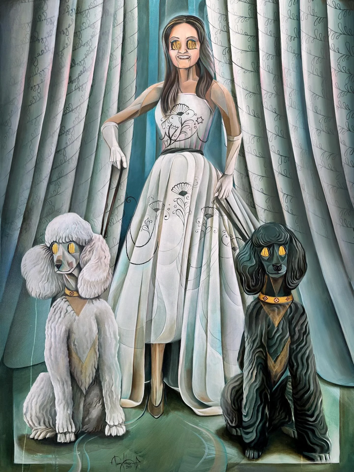 A tribute to timeless elegance / this painted still life reimagines the iconic #AudreyHepburn photo with two Poodles, captured through my own lens of style and nostalgia.

The lady in a flowing white dress, wrapped in floral grace, stands proud with 