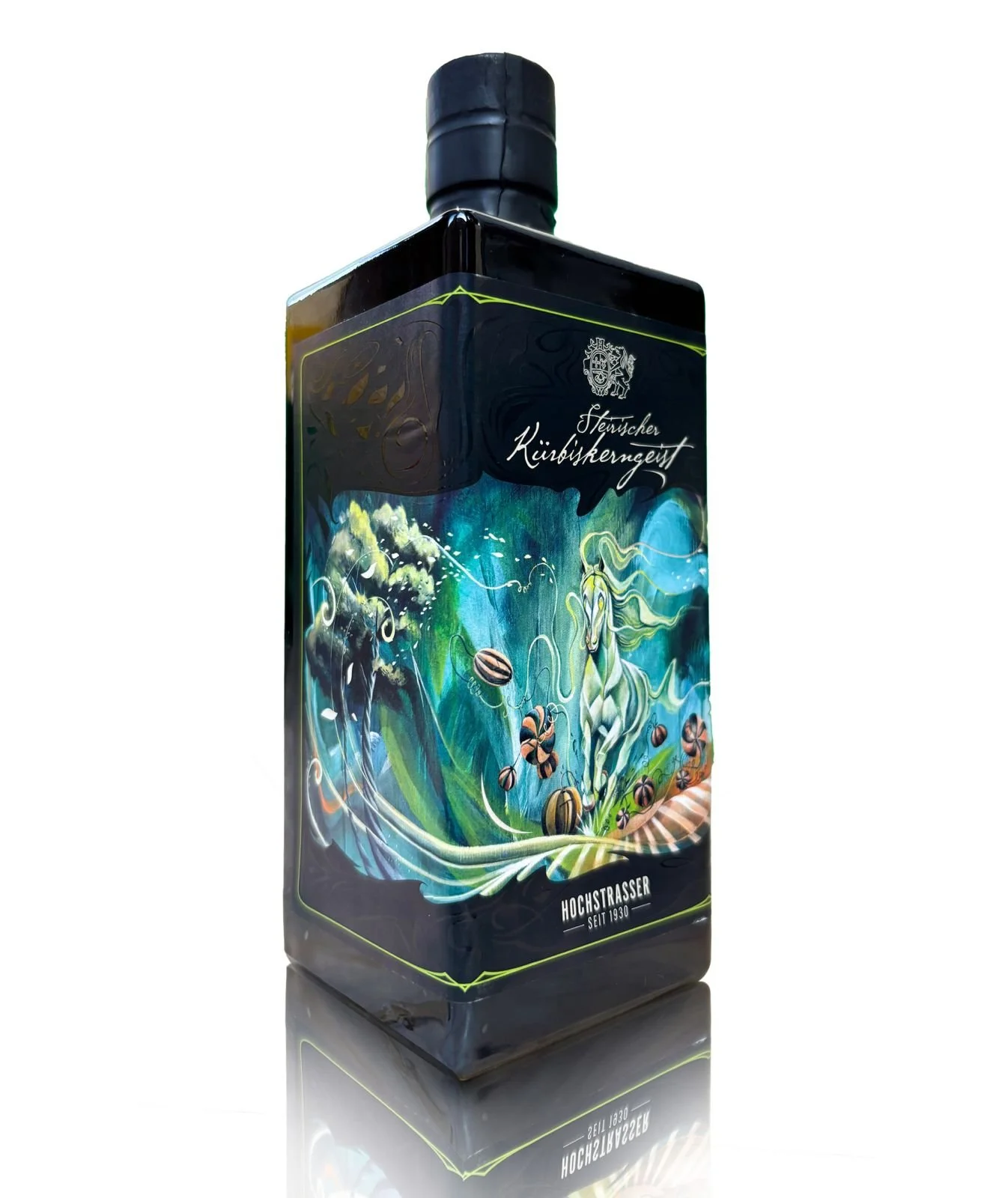 Styrian #PumpkinSeedSpirit &ndash; Art Edition

For this edition, tradition meets art. The exclusive label by @tomlohner captures the very essence of Styria in a powerful visual language: a translucent horse sweeps across a pumpkin field, carrying #p