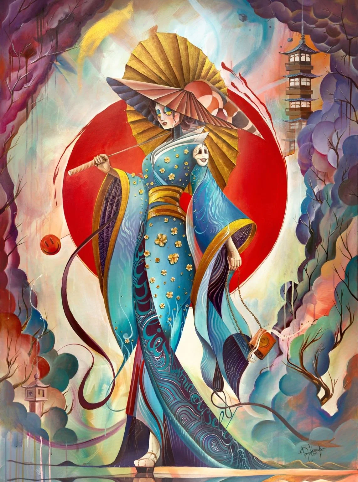 Geisha / Bliss lies within ourselves // Acrylic on canvas, 140 &times; 100 cm

This Geisha embodies the quiet radiance of inner joy. Emerging from the Temple of Fortune, she carries a small pouch filled with the essence of bliss 💫
Amid Japan&rsquo;s