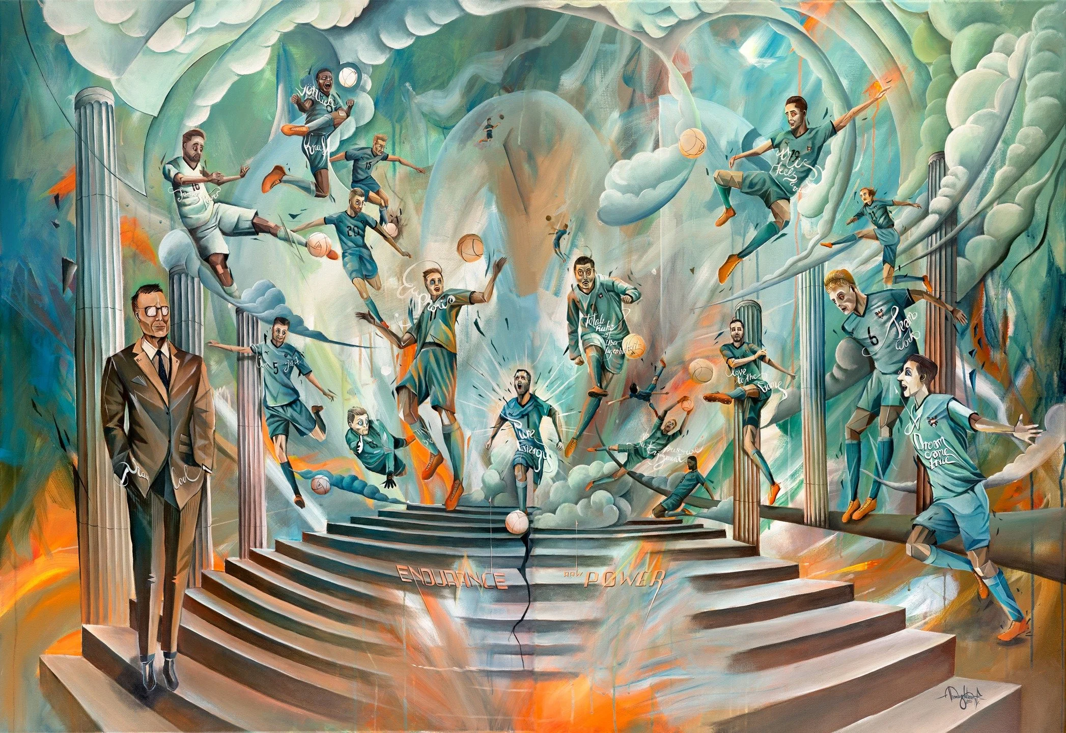 This dynamic artwork came to life through a unique collaboration with the Austrian national team @oefb_1904. For the charity organisation @tor.chance, I developed a project born from a simple idea: to capture the passion and humanity of football and 