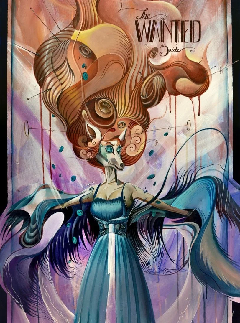 The Wanted Bride // Acrylic on canvas, 118 &times; 60 cm 

&bdquo;The Wanted Bride,&rdquo; part of the n&rsquo;ovelism series, draws on the cover of Mike Shayne&rsquo;s &bdquo;Murder and the Wanton Bride&ldquo; and transforms the classic pulp-fiction