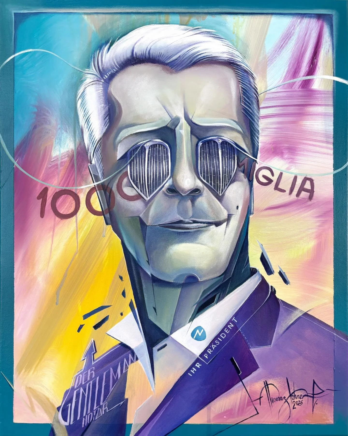 Dieter Kinzer - Der Gentleman Notar
Acrylic on canvas, 50 &times; 40 cm
This portrait depicts the former President of the Styrian Chamber of Notaries, Dieter Kinzer, interpreted through a contemporary, visionary lens. The work merges classical dignit