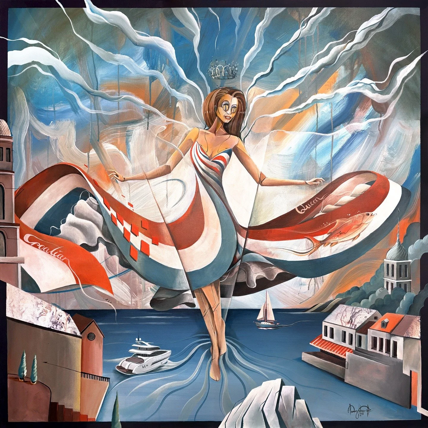 Croatian Queen // Acrylic on canvas, 100 &times; 100 cm 

This work presents a larger-than-life presence: she strides effortlessly across the water. Her posture is light, open, relaxed, as if she has just let go of everything. On her head rests a cro