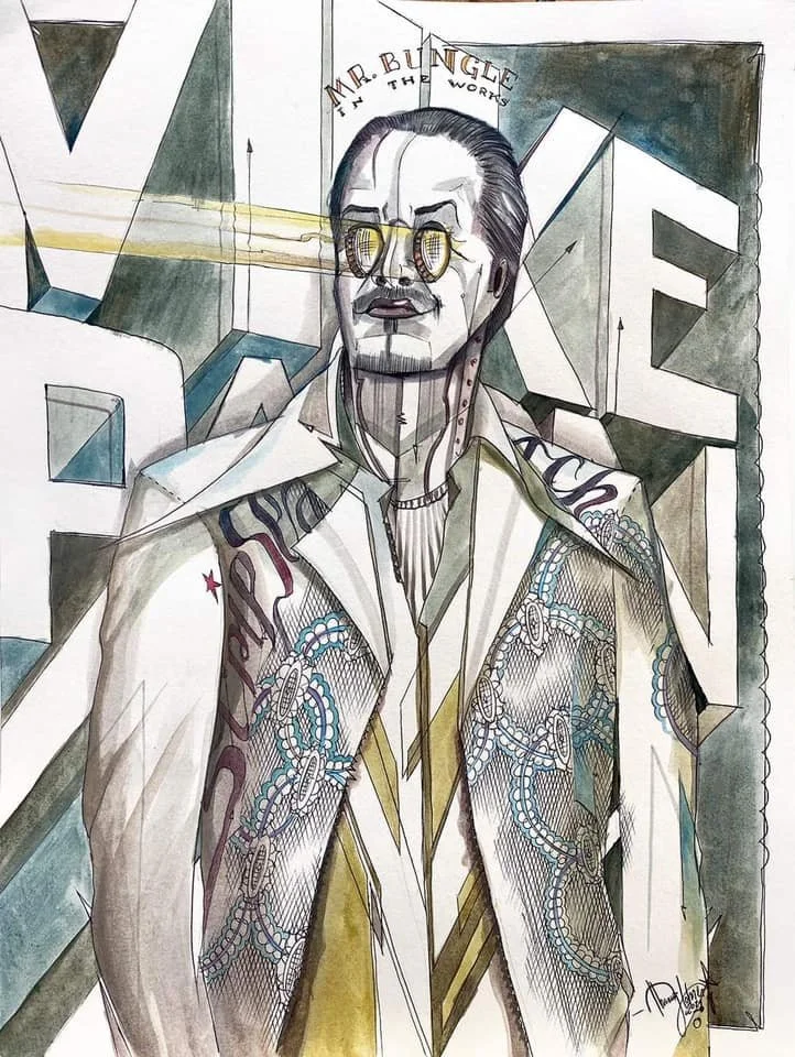 Mike Patton // Acrylic on canvas, 21,0 &times; 29,7 cm cm 

Mike&rsquo;s upper body is presented frontally, yet he does not look directly at us. His gaze drifts past, out of the frame, as if he sees something we cannot. That&rsquo;s what makes it so 