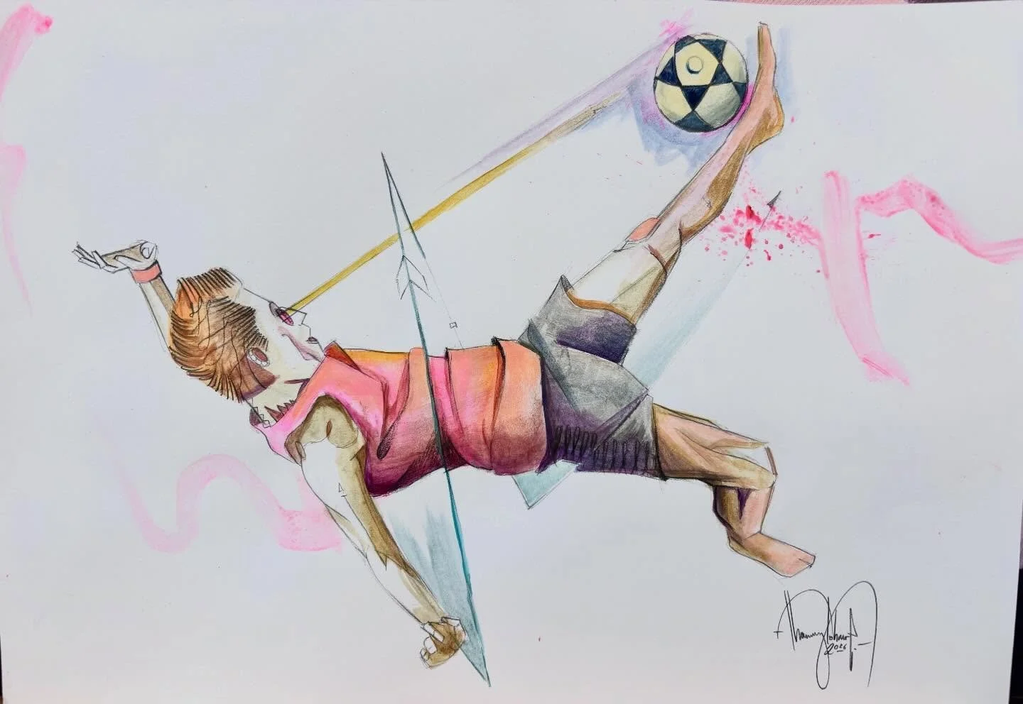 CTRL Air // pencil and acrylic on paper // 21 &times; 29,7 cm

This piece was painted specifically for the Women&rsquo;s #Footvolley European Championship 2026. It captures that exact split second where gravity simply ceases to exist. A body becomes 