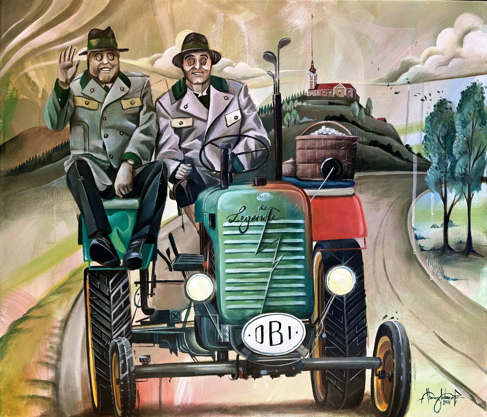 Two Men on Tractor // acrylic on canvas // 60 &times; 70 cm 

In this composition, I deconstructed the classical concept of #homeland, redefining it as a sense of belonging that extends far beyond mere geographical boundaries. Set against the rolling