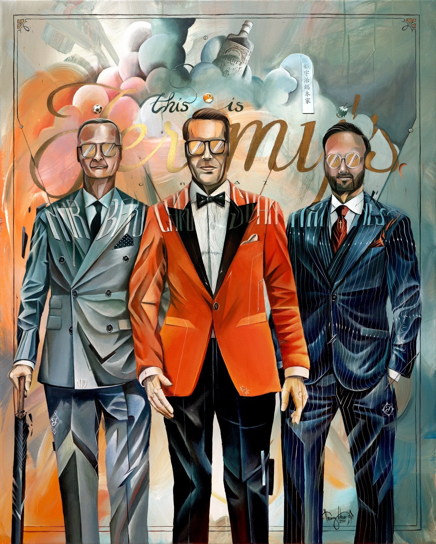 The Jeremy's 3 // Acrylic on canvas, 100 &times; 80 cm 

Three men. Three characters. A cinematic entrance. These three men are no fictional characters, they are the faces behind @jeremysgraz: a high-end menswear boutique in Graz where style isn&rsqu