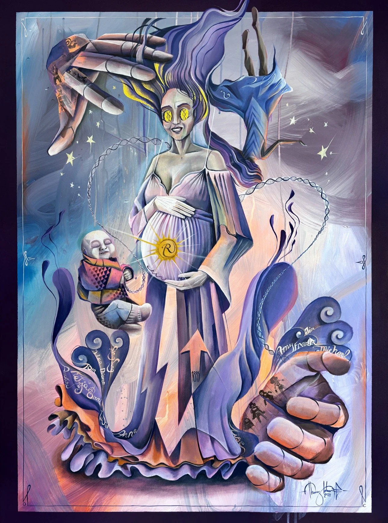 Microchimerism // Acrylic on canvas, 110 x 80 cm 

The painting "Microchimerism" is a cosmic event on canvas, that dissolves the boundaries between science, myth, and human connection. Serving as the lead visual for the International Sympos