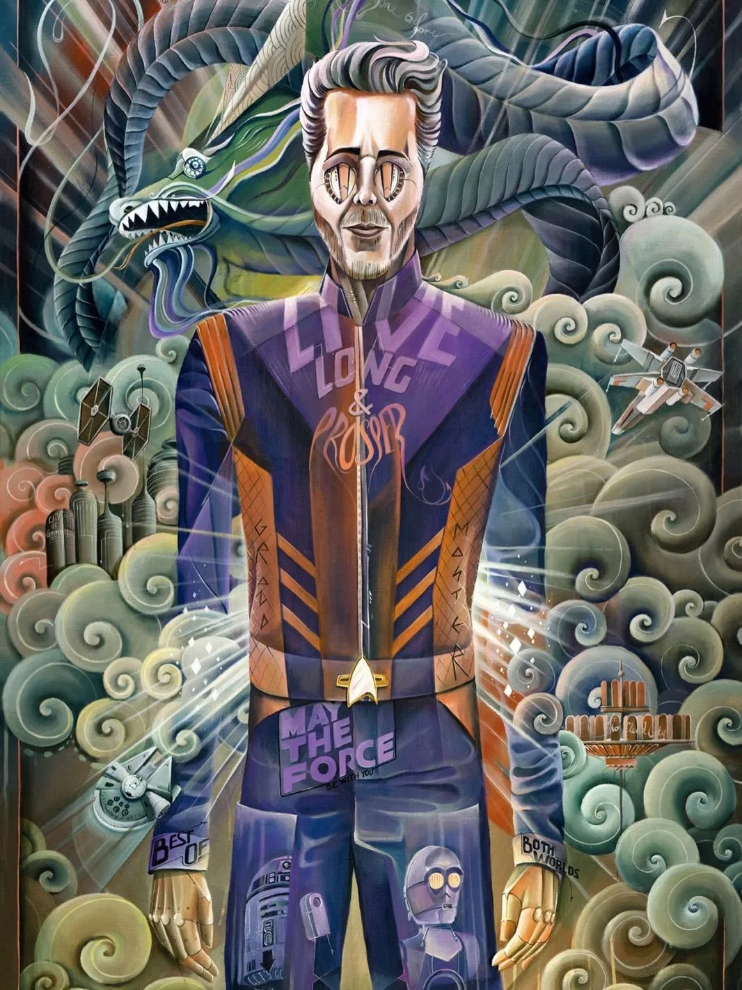 The best of both worlds // acrylic on canvas // When the universe of #starwars meets #startreck, visualized within and beyond a special character in a fantastic mystical environment (#dragon in the back). Sometimes (in Tom&lsquo;s opinion) we shouldn