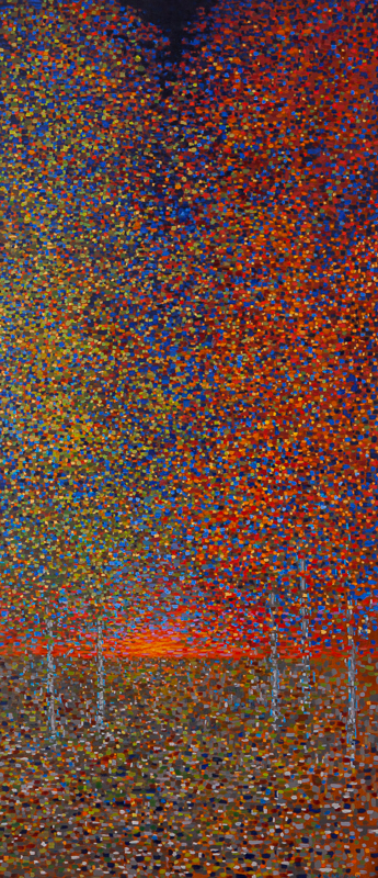 Cosmic Collision of Spring and Fall/Sunset, Oil on Linen, 22" x 50", 2014