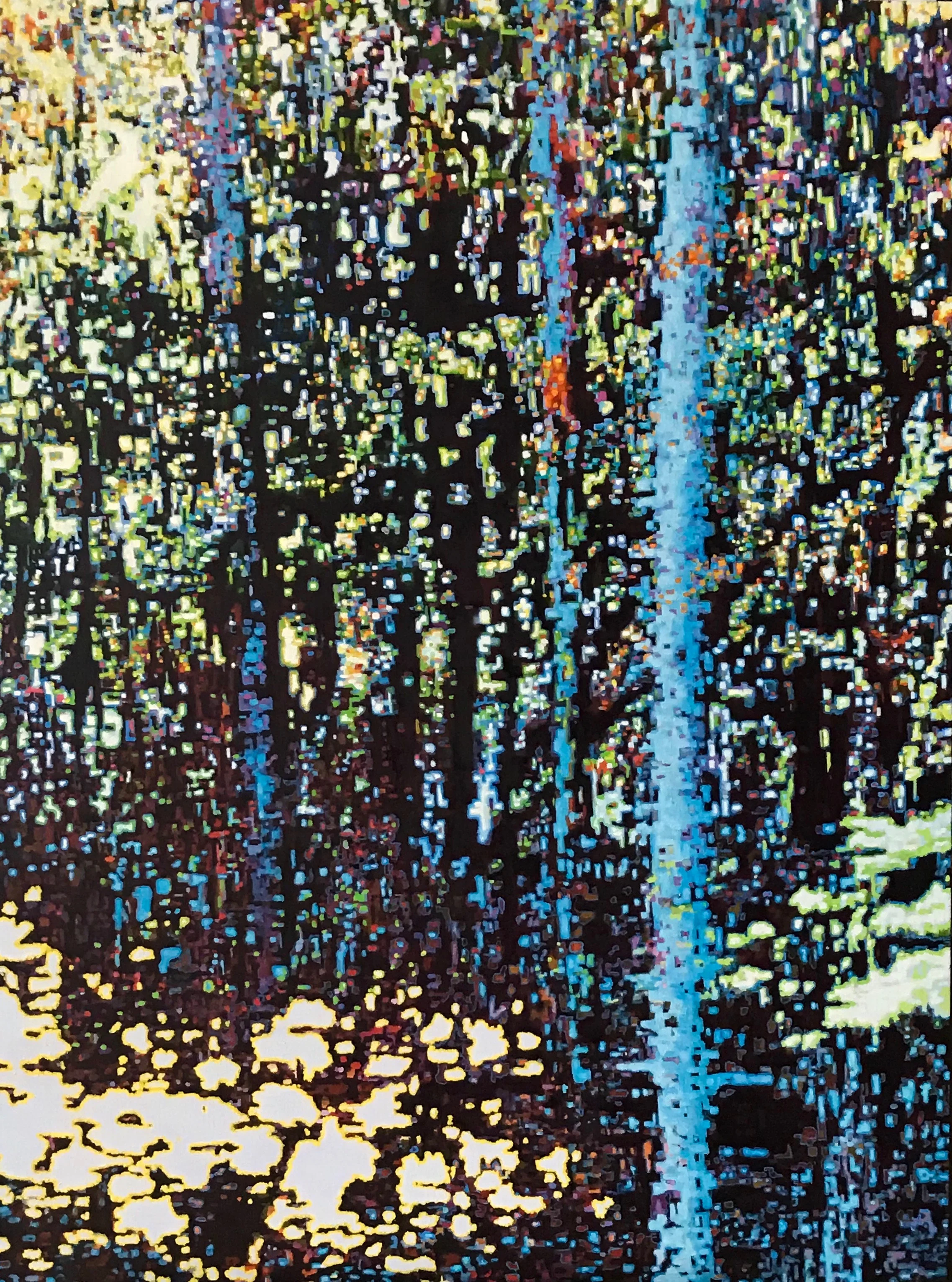 Digital Sunshine Filtering through Trees, Oil on Canvas, 30” x 38” 2018