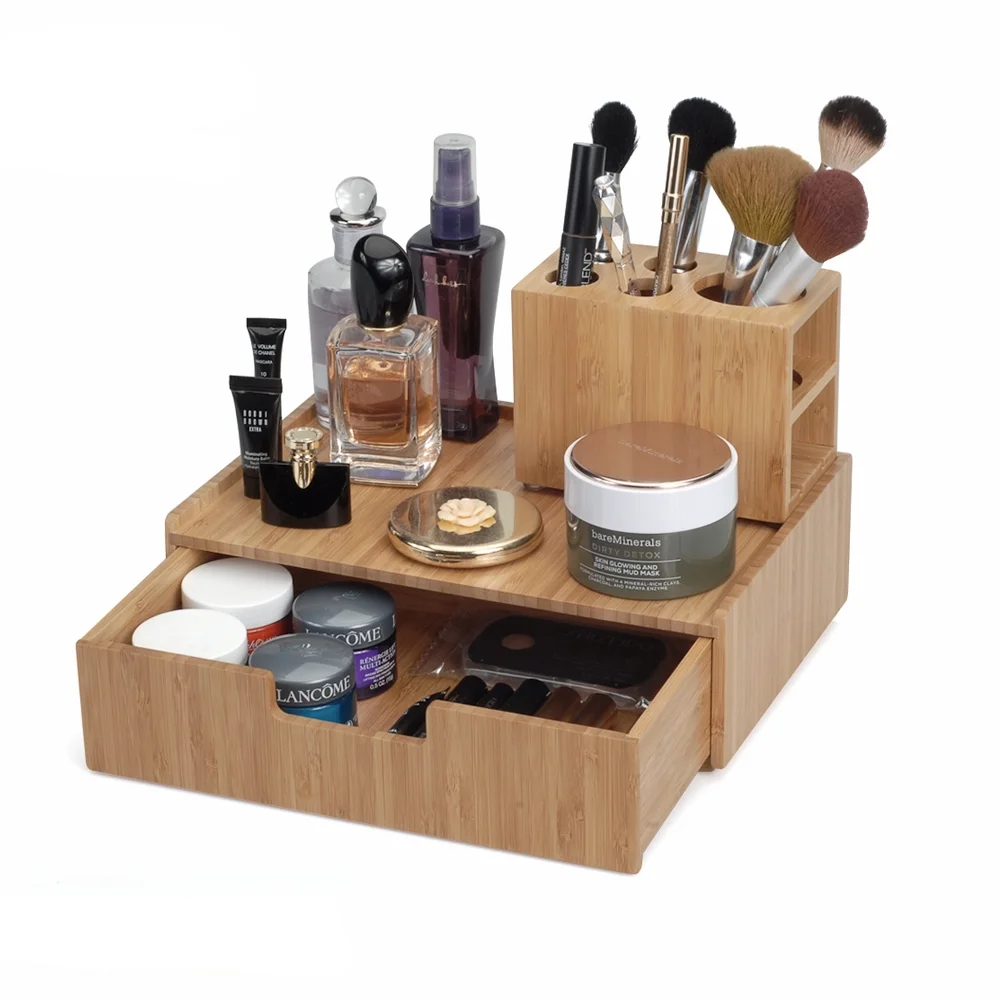 Bamboo Makeup Drawer Organizer With 5 Compartment Brush Holder Stand Combo Mobilevision
