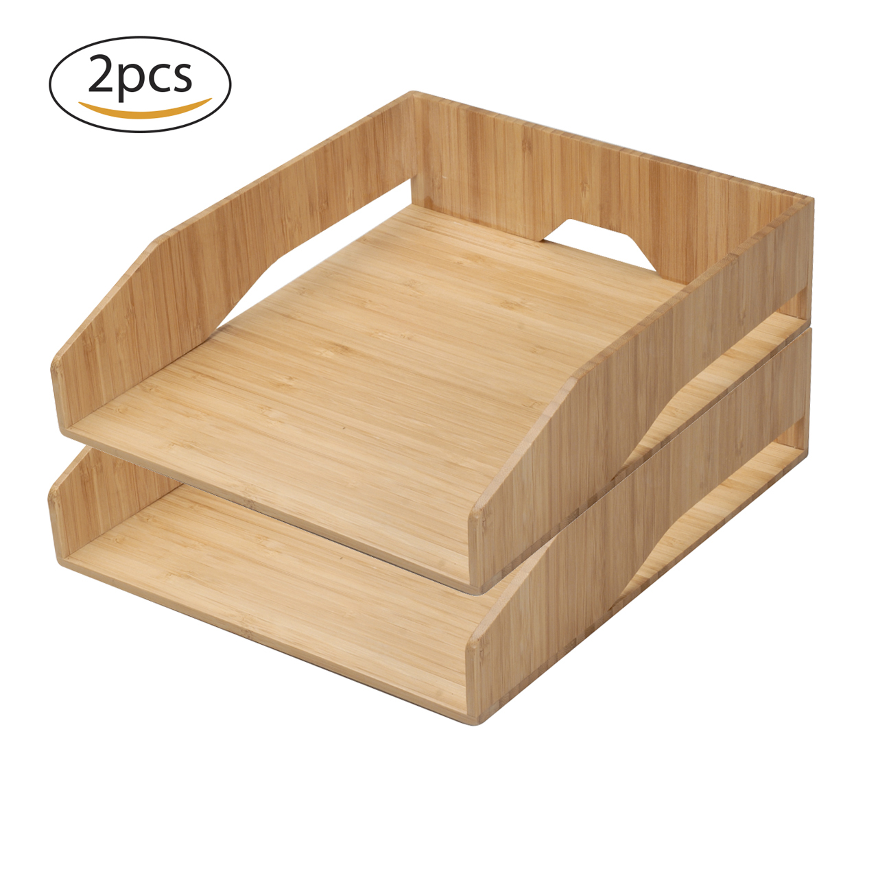 Bamboo Paper Tray Office Organizer for Files Documents Letter Sorter Envelopes and Magazine Holder 2 Pack Stackable