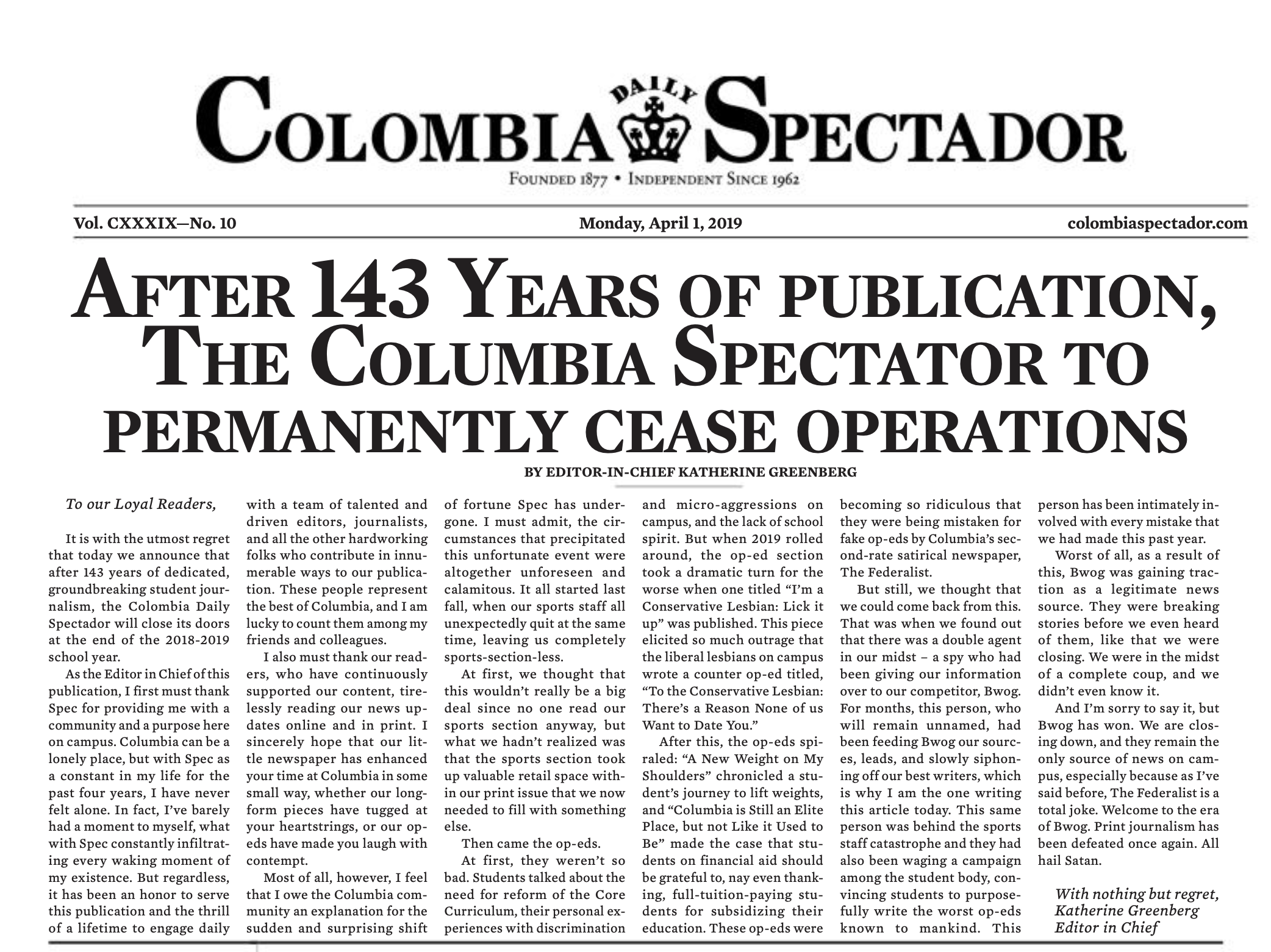 The 2019 Colombia Daily Spectador