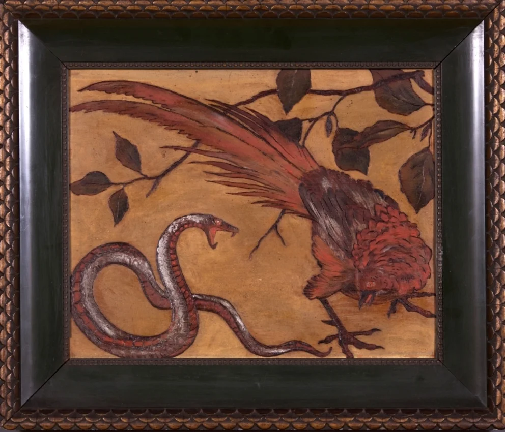   "Cobra and Rooster". Art Deco. Oil, tempera and bronze leaf.&nbsp;French School, ca 1920   "Cobra and Rooster". Art Deco. Oil, tempera and bronze leaf on incised panel,&nbsp;with original carved and polychromed frame. French School, ca 1920. &nbsp;