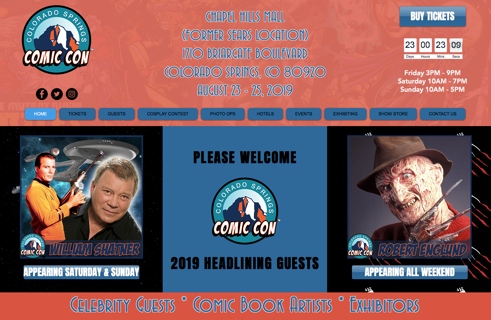 Colorado Springs Comic Con at the former Sears location in the Chapel Hills Mall at 1710 Briargate blvd Colorado Springs, CO 80920. August 23-25. Headlining guests include William Shatner of Star Trek and Robert England of Nightmare on Elm Street! * Celebrity Guests * Comic Book Artists * Exhibitors*