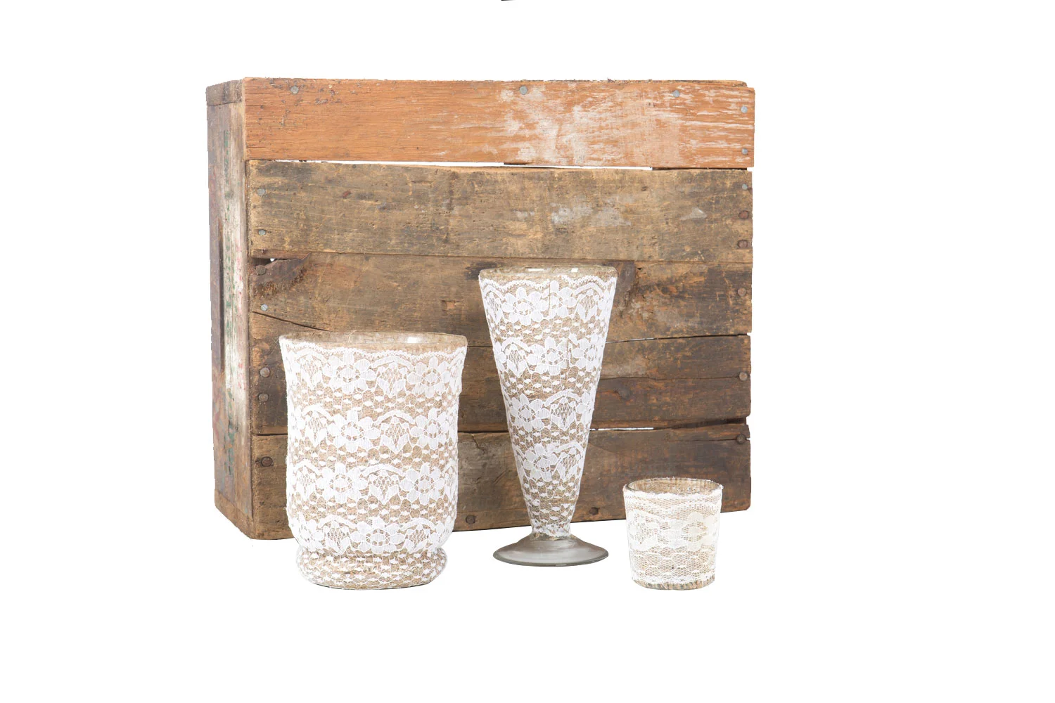 Burlap & Lace Compote 2-, Pilsner 3-, Votive Holder .50