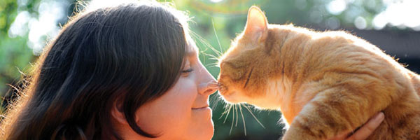 Girl and her cat touching noses