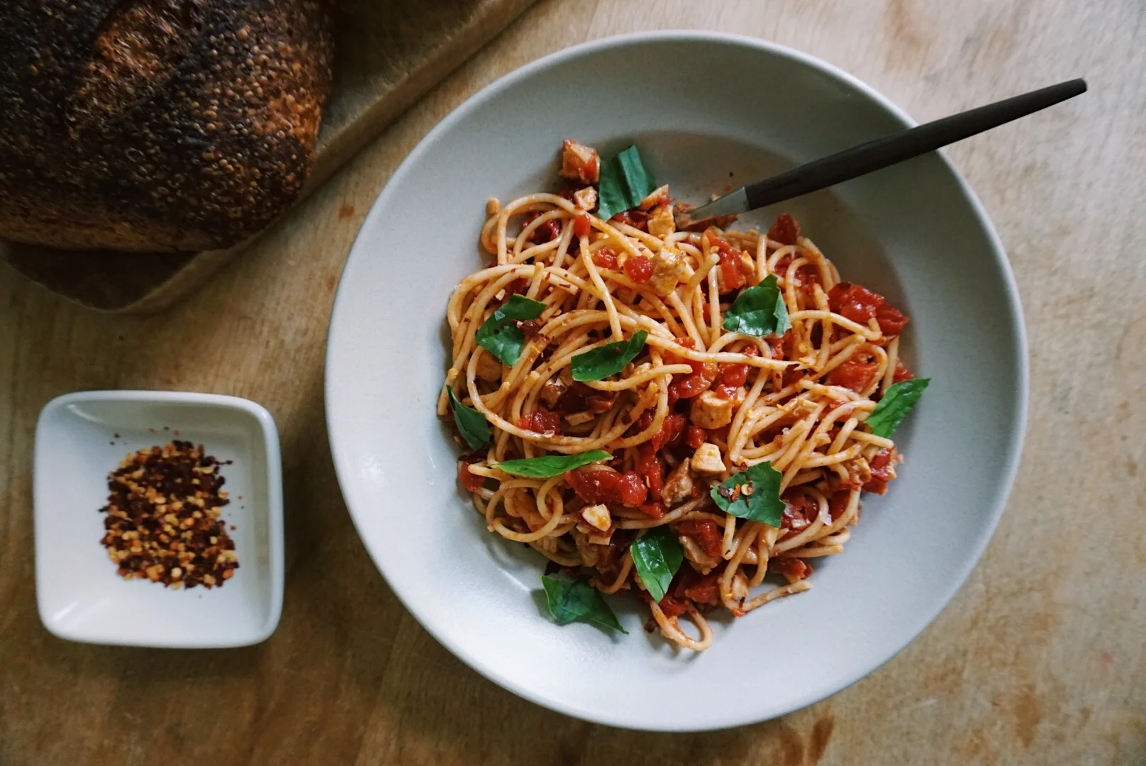 simple dinner: tomato swordfish pasta