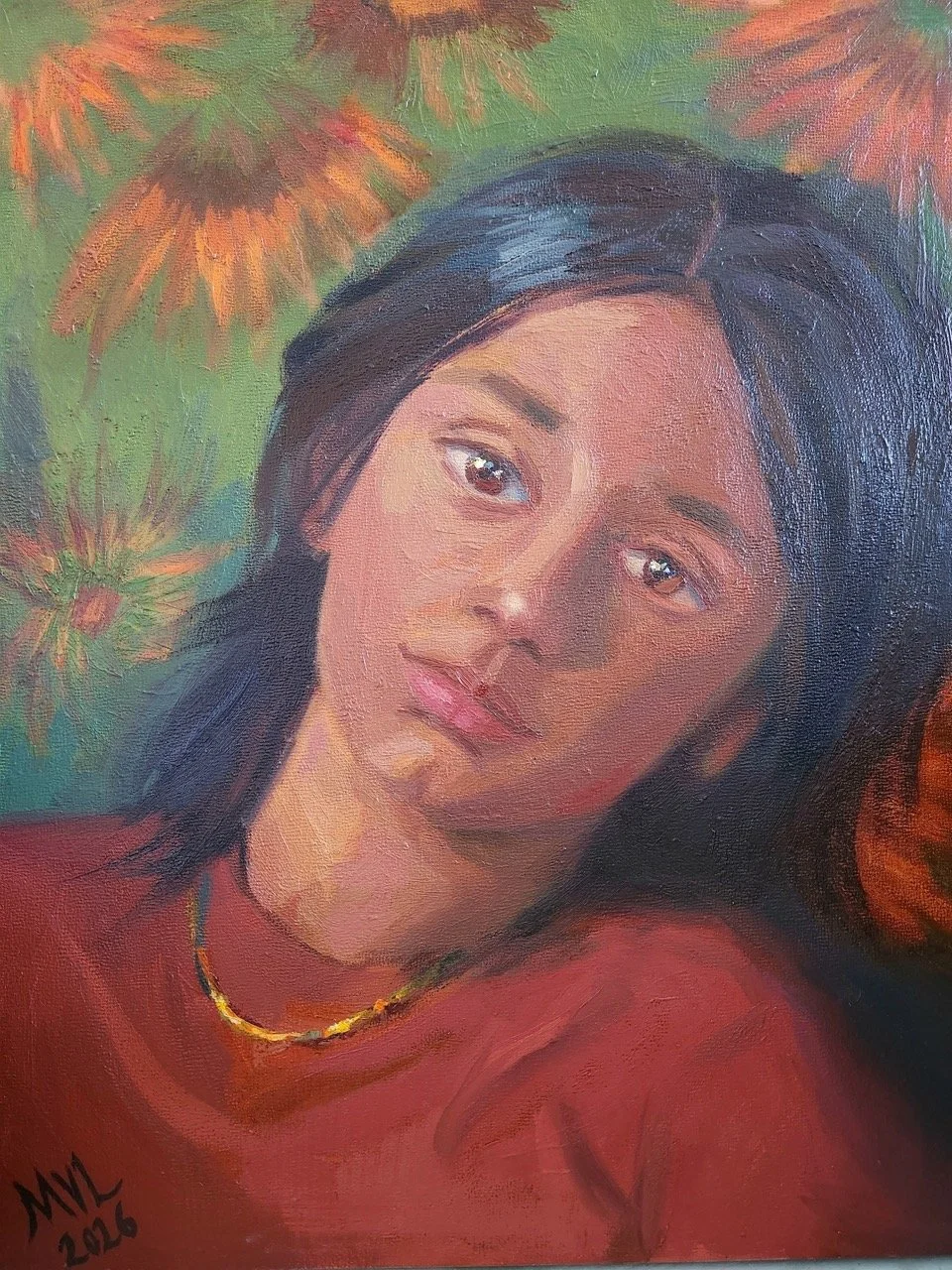 Painting of a woman with black hair, wearing a red top and a gold necklace, against a background of orange and yellow flowers and green foliage.