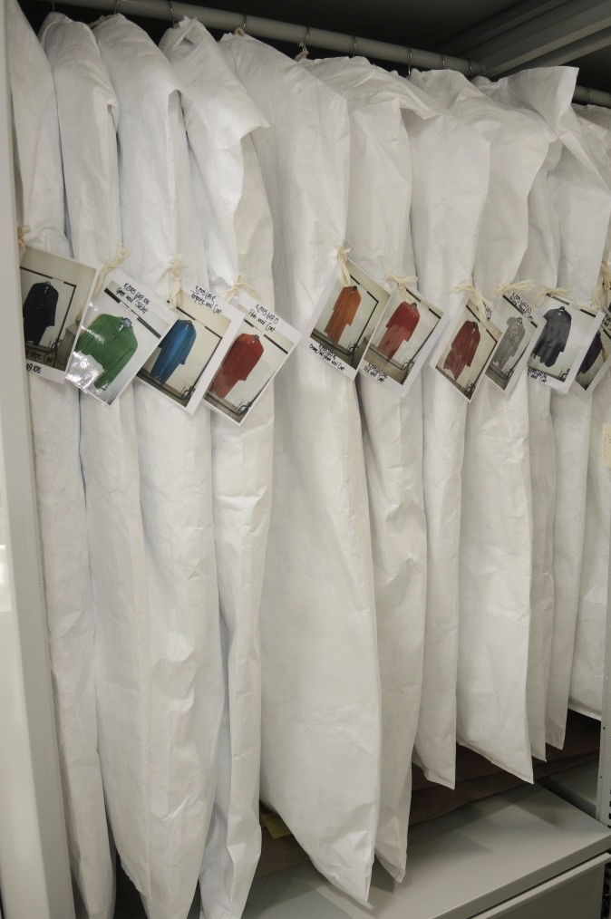 Jean Muir garments stored on padded hangers, with Tyvek storage covers. Photo courtesy of National Museums Scotland