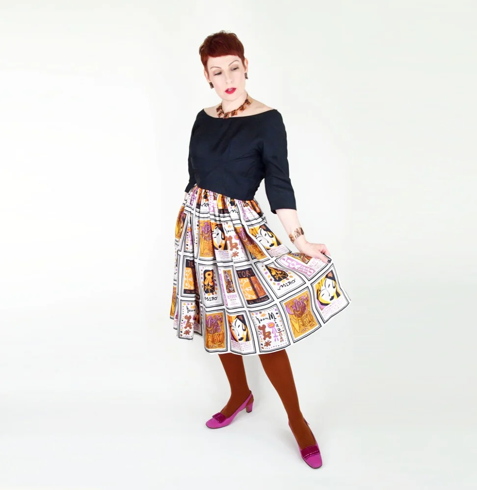 Early 60s Modern Art Poster Print Black Silk Dress—Picasso, Miro, Matisse . Model: Gianna Bardelli