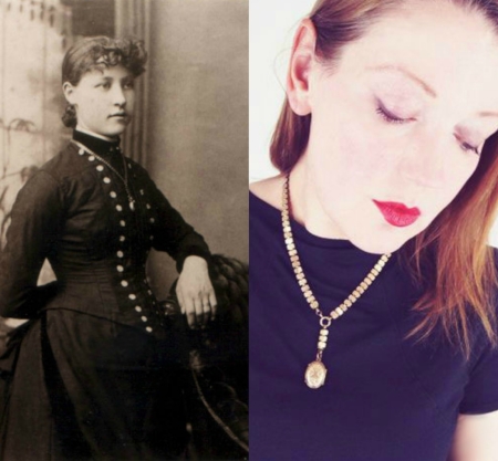 My great grandmother’s locket was a very meaningful gift for me as a young person, especially with this photo of her wearing it included.