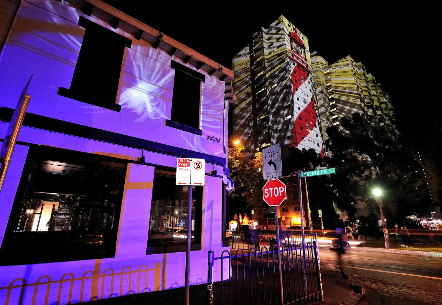 Foreground - Snjór by Anika Cook and Leigh Mannes at the Gertrude Hotel, Background - Lighthouse by Nick Azidis. Image Bernie Phelan 2014